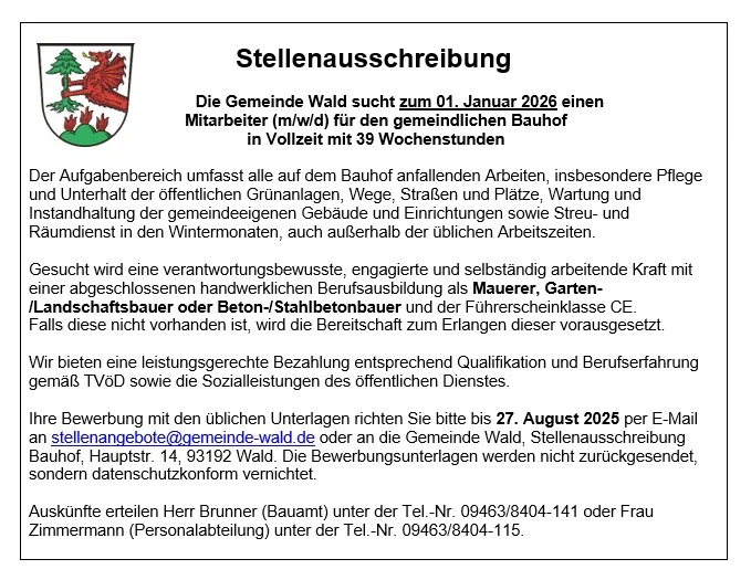 Stellenausschreibung für einen Mitarbeiter am Bauhof Wald