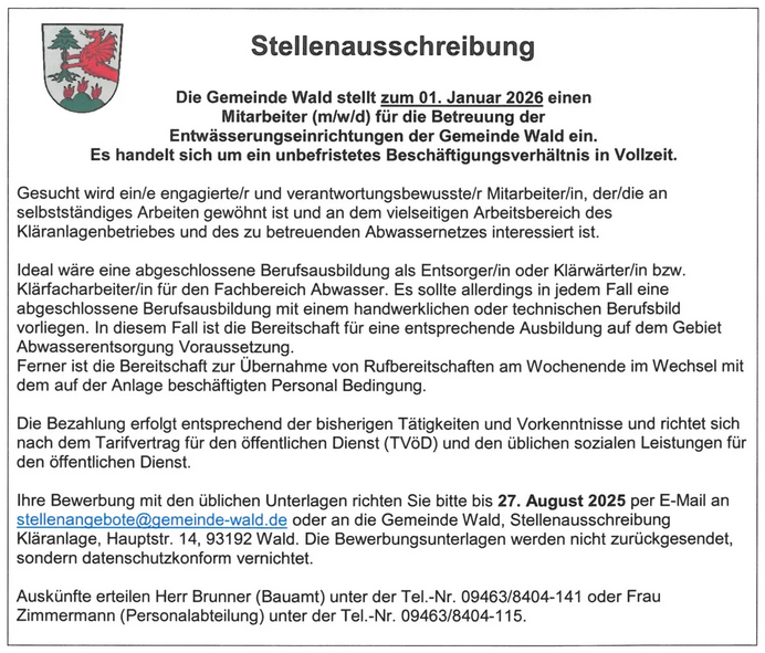 Stellenausschreibung für einen Mitarbeiter zur Betreuung von Entwässerungseinrichtungen in der Gemeinde Wald