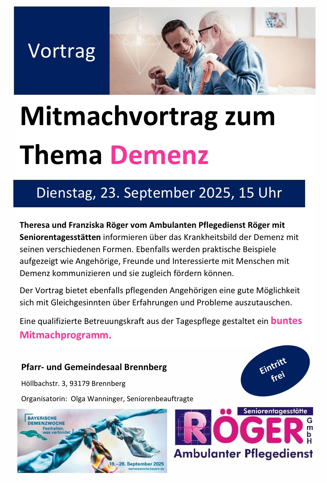 Plakat zur Ankündigung des Vortrags zum Thema Demenz am 23. September um 15 Uhr im Gemeinde-/Pfarrsaal in Brennberg.