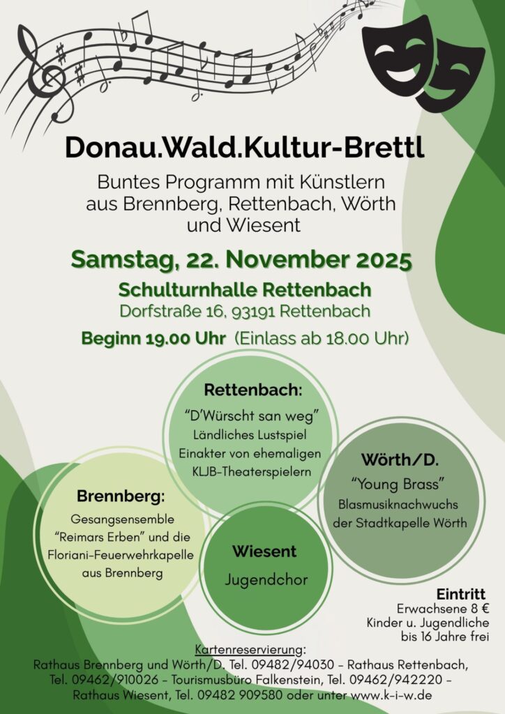 Einladungsplakat für das Donau.Wald.Kultur-Brettl am 22. November 2025 in Rettenbach. 