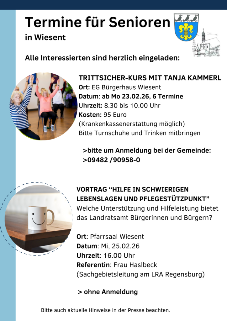 Plakat mit 2 Seniorenangeboten: Trittsicherkurs und Vortrag in Wiesent.