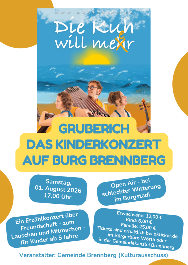Plakat für das Kinderkonzert Gruberich in Brennberg am 1. August 2026 um 17 Uhr.