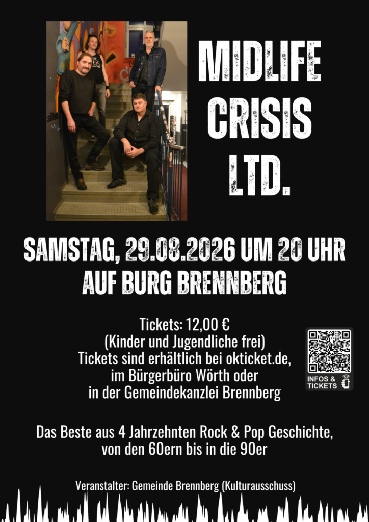 Plakat für das Konzert mit Midlife Crisis Ltd auf Burg Brennberg am 29. August 2026 um 20 Uhr.