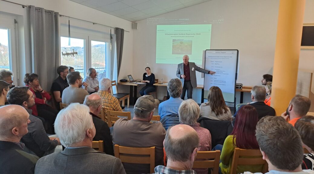 Referent erklärt und zeigt auf eine Tafel; Workshop-Besucher hören zu