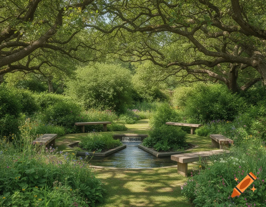 Bild KI geniert, zeigt einen Garten mit wenig Rasen, Sitzbereich, Wasserstelle und Beschattung durch Bäume.