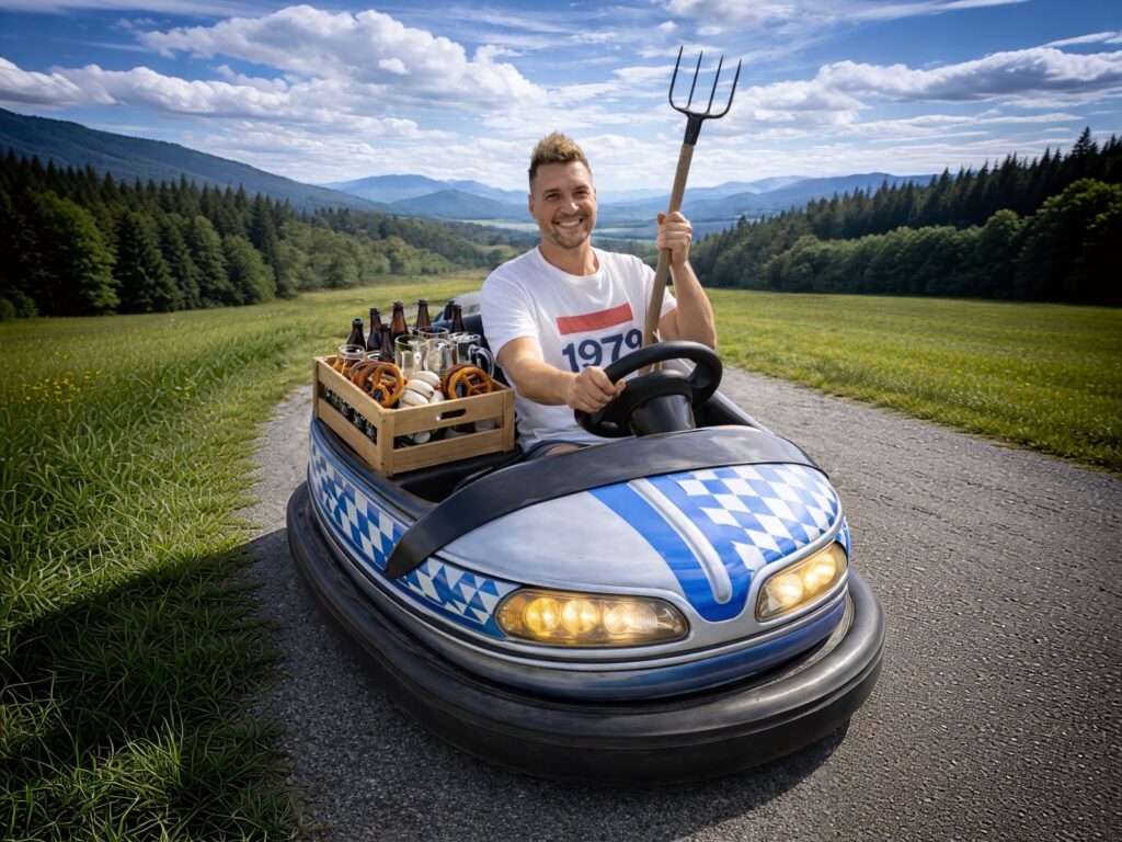 Da Bobbe in einem Autoscooter, einer Heugabel und bayerischen Brotzeit inmitten einer bayerischen Landschaft